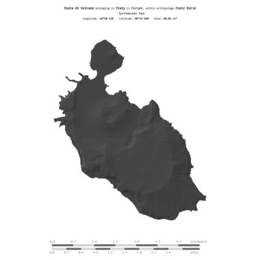 İtalya 'ya ait Tyrrhenian Denizi' ndeki Isola di Vulcano, uzaklık ölçeğinde bir bilek yüksekliği haritasında izole edilmiştir.