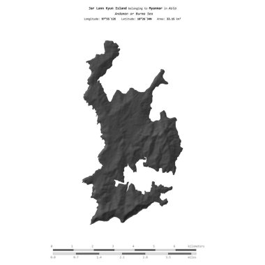 Jar Lann Kyun Island in the Andaman or Burma Sea, belonging to Myanmar, isolated on a bilevel elevation map, with distance scale clipart