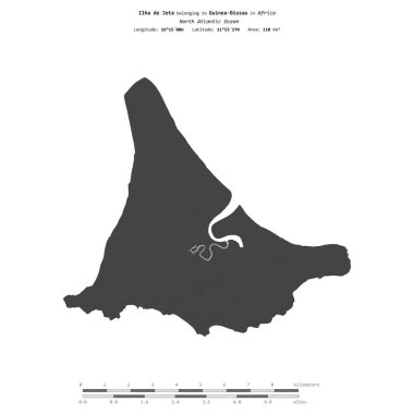 Ilha de Jeta in the North Atlantic Ocean, belonging to Guinea-Bissau, isolated on a bilevel elevation map, with distance scale clipart