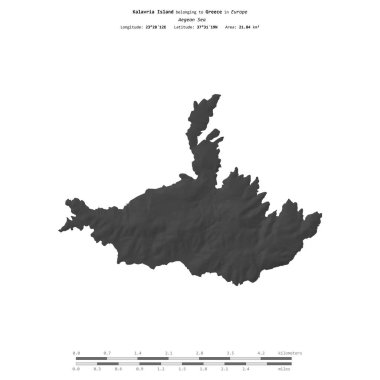 Yunanistan 'a ait Ege Denizi' ndeki Kalavria Adası, uzaklık ölçeğinde bir bilek yüksekliği haritasında izole edilmiş.