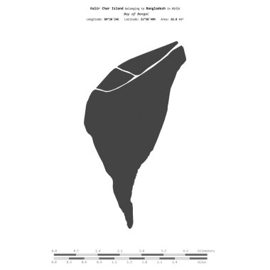 Bengal Körfezi 'ndeki Kalir Char Adası, Bangladeş' e ait, bir bilek yüksekliği haritasında izole edilmiş, mesafe ölçeğinde.