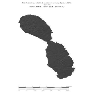 Ceram Denizi 'ndeki Pulau Karas, Endonezya' ya ait, bir bileklik yükseklik haritasında izole edilmiş, mesafe ölçeğinde.