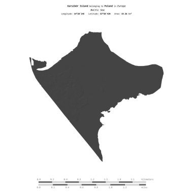 Karsibor Island in the Baltic Sea, belonging to Poland, isolated on a bilevel elevation map, with distance scale clipart