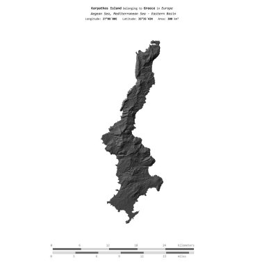 Yunanistan 'a ait Ege Denizi' ndeki Karpathos Adası, uzaklık ölçeğinde bir bilek yüksekliği haritasında izole edilmiş.