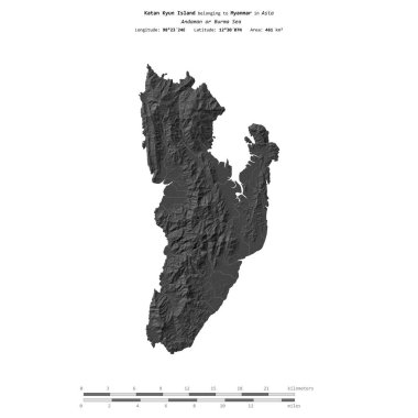 Andaman veya Burma Denizi 'ndeki Katan Kyun Adası, Myanmar' a ait, bir bilek yüksekliği haritasında izole edilmiş, mesafe ölçeğinde.