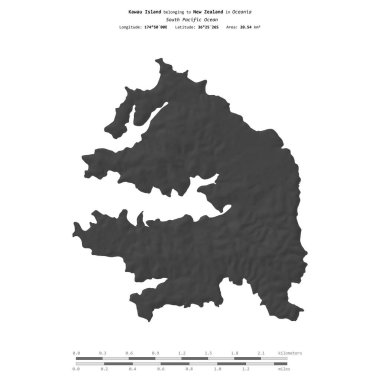 Güney Pasifik Okyanusu 'ndaki Kawau Adası, Yeni Zelanda' ya ait, bir bilek yüksekliği haritasında izole edilmiş, mesafe ölçeğinde.