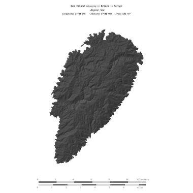 Yunanistan 'a ait Ege Denizi' ndeki Kea Adası, uzaklık ölçeğinde bir bilek yüksekliği haritasında izole edilmiş.