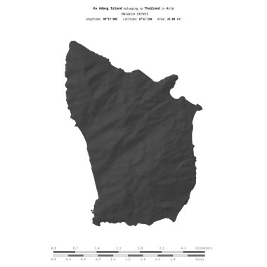 Tayland 'a ait Malacca Boğazı' ndaki Ko Adang Adası, bir bilek yüksekliği haritasında izole edilmiş, mesafe ölçeğinde.