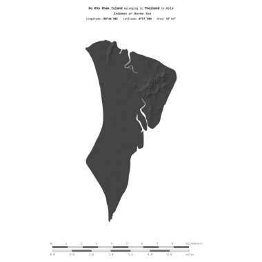 Andaman veya Burma Denizi 'ndeki Ko Kho Khao Adası, Tayland' a ait, bir bilek yüksekliği haritasında izole edilmiş, mesafe ölçeğinde.