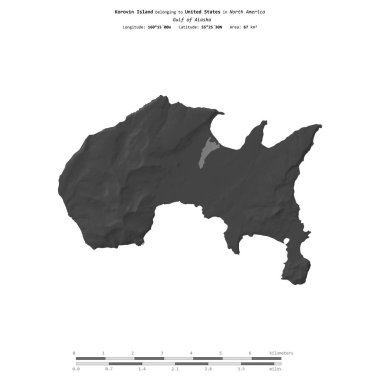 Alaska Körfezi 'ndeki Korovin Adası, Amerika Birleşik Devletleri' ne ait, bir bilek yüksekliği haritasında izole edilmiş, mesafe ölçeğinde.