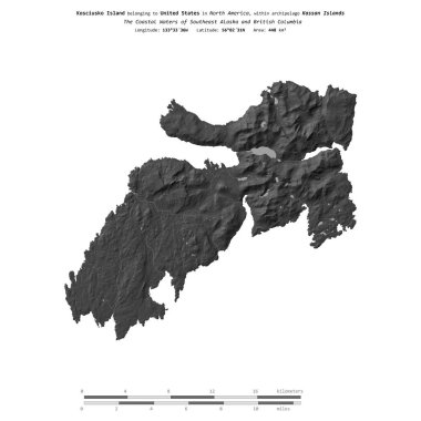 Amerika Birleşik Devletleri 'ne ait Güneydoğu Alaska ve Britanya Kolumbiyası' nın Sahil Suları 'ndaki Kosciusko Adası, bir bilek yüksekliği haritasında izole edilmiş, mesafe ölçeğinde.