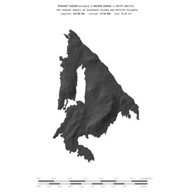 Güneydoğu Alaska ve Britanya Kolumbiyası 'nın Kıyı Suları' ndaki Krestof Adası, ABD 'ye ait, bir bilek yüksekliği haritasında izole edilmiş, mesafe ölçeğinde.