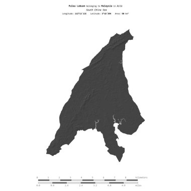 Pulau Labuan in the South China Sea, belonging to Malaysia, isolated on a bilevel elevation map, with distance scale clipart