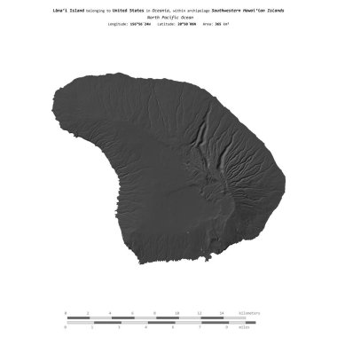 Kuzey Pasifik Okyanusu 'ndaki Lanai Adası, Birleşik Devletler' e ait, bir bileklik yükseklik haritasında izole edilmiş, mesafe ölçeğinde.