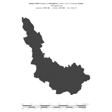 Laoang Island in the Philippine Sea, belonging to Philippines, isolated on a bilevel elevation map, with distance scale clipart