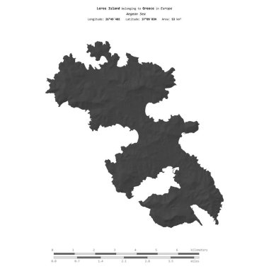 Yunanistan 'a ait Ege Denizi' ndeki Leros Adası, uzaklık ölçeğinde bir bilek yüksekliği haritasında izole edilmiş.