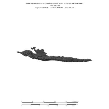 Hırvatistan 'a ait Adriyatik Denizi' ndeki Lesina Adası, bir bileklik yükseklik haritasında izole edilmiş ve uzaklık ölçeğinde