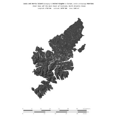Kuzey Atlantik Okyanusu 'ndaki Lewis ve Harris Adası, Birleşik Krallık' a ait, bir bilek yüksekliği haritasında izole edilmiş, mesafe ölçeğinde.