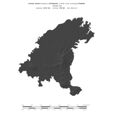 Filipinler 'e ait Celebes Denizi' ndeki Lintian Adası, uzaklık ölçeğinde bir bilek yüksekliği haritasında izole edilmiştir.