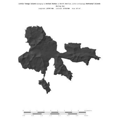 Bering Denizi 'ndeki küçük Tanaga Adası, Birleşik Devletlere ait, bir bileklik yükseklik haritasında izole edilmiş, mesafe ölçeğinde.