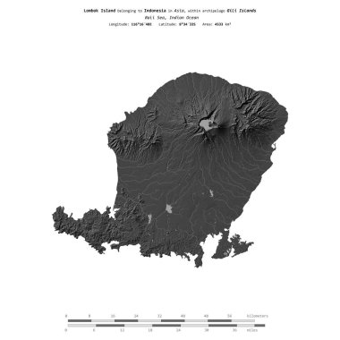 Endonezya 'ya ait Bali Denizi' ndeki Lombok Adası, bir bilek yüksekliği haritasında izole edilmiş, mesafe ölçeğinde.