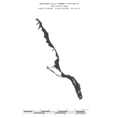 Kuzey Atlantik Okyanusu 'ndaki Long Island, Bahamalar' a ait, bir bilek yüksekliği haritasında izole edilmiş, mesafe ölçeğinde.