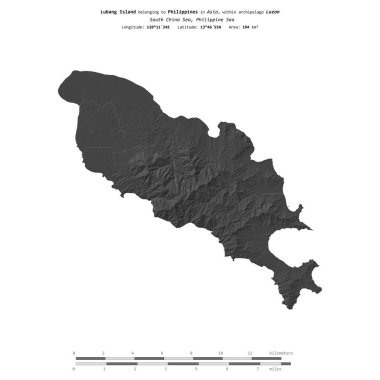 Filipin Denizi 'ndeki Lubang Adası, uzaklık ölçeğinde, bir bilek yüksekliği haritasında izole edilmiştir.