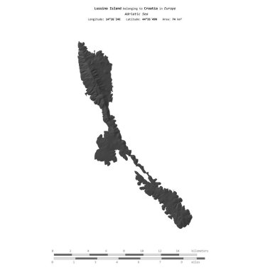 Hırvatistan 'a ait Adriyatik Denizi' ndeki Lussino Adası, uzaklık ölçeğinde bir bilek yüksekliği haritasında izole edilmiş durumda.