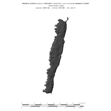 Avustralya 'ya ait Güney Pasifik Okyanusu' ndaki Macquarie Adası, bir bilek yüksekliği haritasında izole edilmiş, mesafe ölçeğinde.