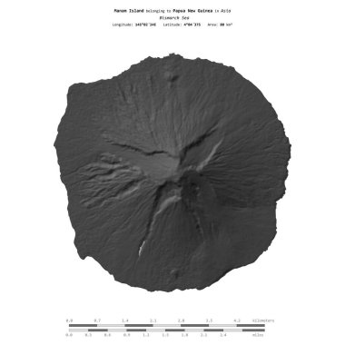 Bismarck Denizi 'ndeki Manam Adası, Papua Yeni Gine' ye ait, bir bilek yüksekliği haritasında izole edilmiş, mesafe ölçeğinde.