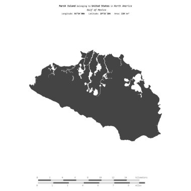 Meksika Körfezi 'ndeki Marsh Adası, Birleşik Devletlere ait, bir bileklik yükseklik haritasında izole edilmiş, mesafe ölçeğinde.