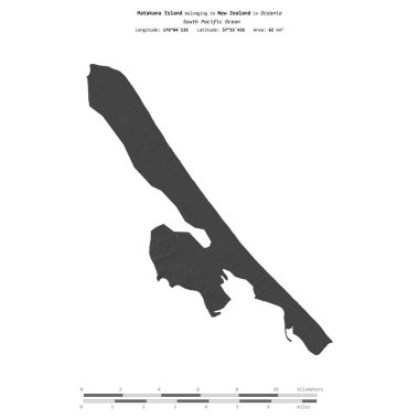 Güney Pasifik Okyanusu 'ndaki Matakana Adası, Yeni Zelanda' ya ait, bir bilek yüksekliği haritasında izole edilmiş, mesafe ölçeğinde.