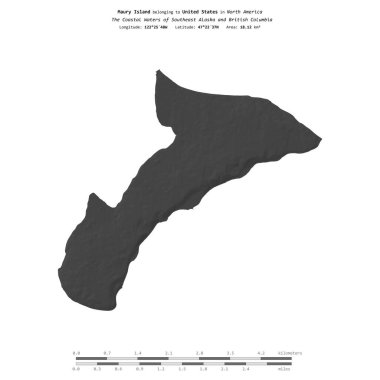 Güneydoğu Alaska ve Britanya Kolumbiyası 'nın Sahil Suları' ndaki Maury Adası, Birleşik Devletler 'e ait, bir bilek yüksekliği haritasında izole edilmiş, mesafe ölçeğinde.