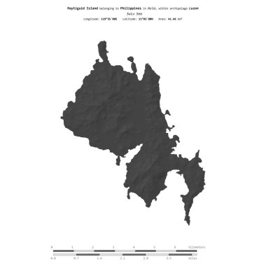 Filipinlere ait Sulu Denizi 'ndeki Maytiguid Adası, bir bilek yüksekliği haritasında izole edilmiş, mesafe ölçeğinde.
