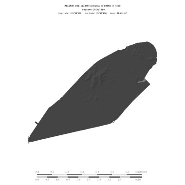 Meishan Dao Island in the Eastern China Sea, belonging to China, isolated on a bilevel elevation map, with distance scale clipart