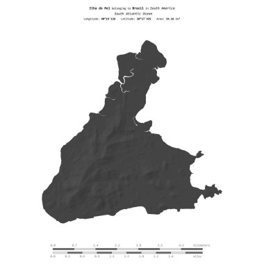 Brezilya 'ya ait Güney Atlantik Okyanusu' ndaki Ilha do Mel, bir bilek yükseklik haritasında izole edilmiş, mesafe ölçeğinde.