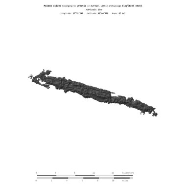 Hırvatistan 'a ait Adriyatik Denizi' ndeki Meleda Adası, uzaklık ölçeğinde bir bilek yüksekliği haritasında izole edilmiş durumda