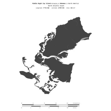 Bahamalar 'a ait Kuzey Atlantik Okyanusu' ndaki Orta Körfez Adası, bir bilek yüksekliği haritasında izole edilmiş, mesafe ölçeğinde.