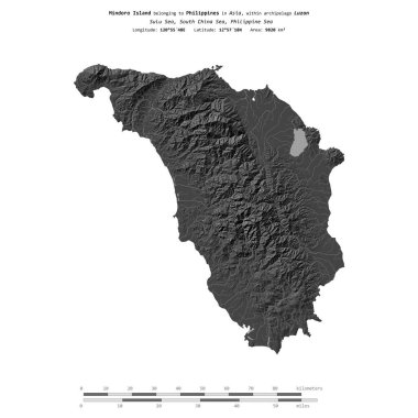 Filipinler 'e ait Sulu Denizi' ndeki Mindoro Adası, uzaklık ölçeğinde bir bilek yüksekliği haritasında izole edilmiştir.