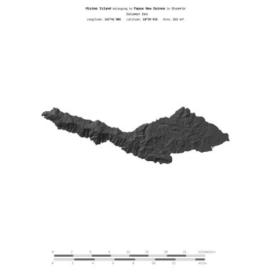 Misima Island in the Solomon Sea, belonging to Papua New Guinea, isolated on a bilevel elevation map, with distance scale clipart