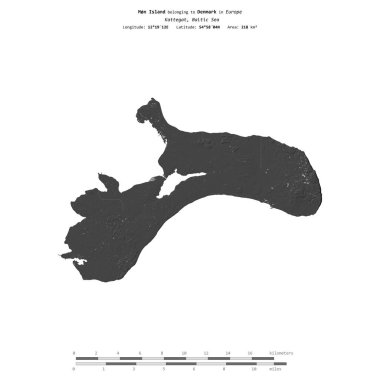 Danimarka 'ya ait Kattegat' taki Mn Adası, bir bilek yüksekliği haritasında izole edilmiş, mesafe ölçeğinde.