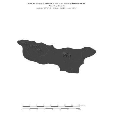 Timor Denizi 'ndeki Pulau Moa, Endonezya' ya ait, bir bilek yüksekliği haritasında izole edilmiş, mesafe ölçeğinde.