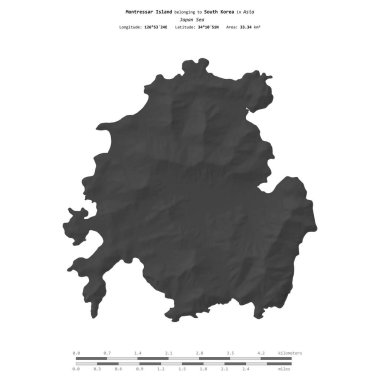 Japonya Denizi 'ndeki Montressar Adası, Güney Kore' ye ait, bir bileklik yükseklik haritasında izole edilmiş, mesafe ölçeğinde.