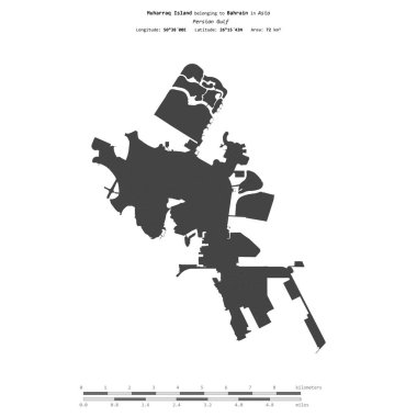 Basra Körfezi 'ndeki Muharraq Adası, Bahreyn' e ait, bir bilek yüksekliği haritasında izole edilmiş, mesafe ölçeğinde.
