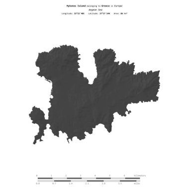 Yunanistan 'a ait Ege Denizi' ndeki Mykonos Adası, uzaklık ölçeğinde bir bilek yüksekliği haritasında izole edilmiştir.