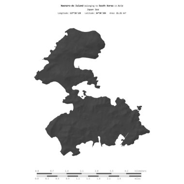 Japonya Denizi 'ndeki Naenaro-do Adası, Güney Kore' ye ait, bir bilek yüksekliği haritasında izole edilmiş, mesafe ölçeğinde.