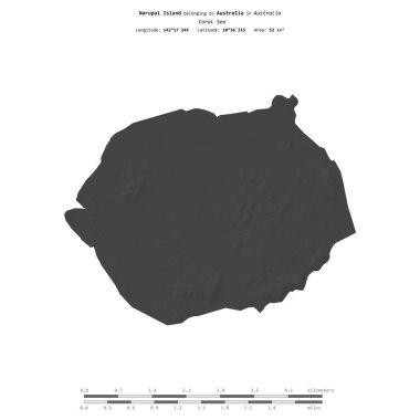 Narupai Island in the Coral Sea, belonging to Australia, isolated on a bilevel elevation map, with distance scale clipart