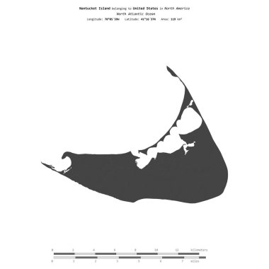 Nantucket Island in the North Atlantic Ocean, belonging to United States, isolated on a bilevel elevation map, with distance scale clipart