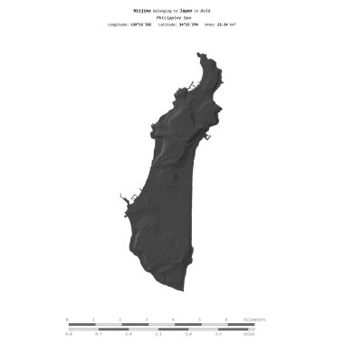 Niijima in the Philippine Sea, belonging to Japan, isolated on a bilevel elevation map, with distance scale clipart