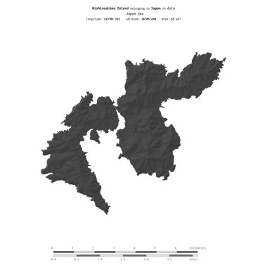 Japonya Denizi 'ndeki Nishinoshima Adası, uzaklık ölçeğinde, bir bilek yüksekliği haritasında izole edilmiştir.